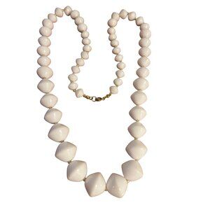 Vintage White Bead Necklace Gold Accents Graduated Spring Ring 70s 80s 28"